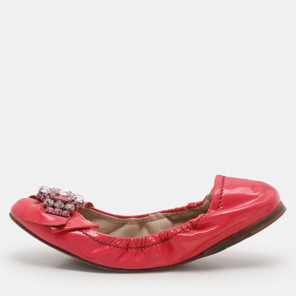 Miu Miu Pink Patent Leather Crystal Embellished Scrunch Ballet Flats Size 35.5,New Products : American Fashion Style Bags On Sale